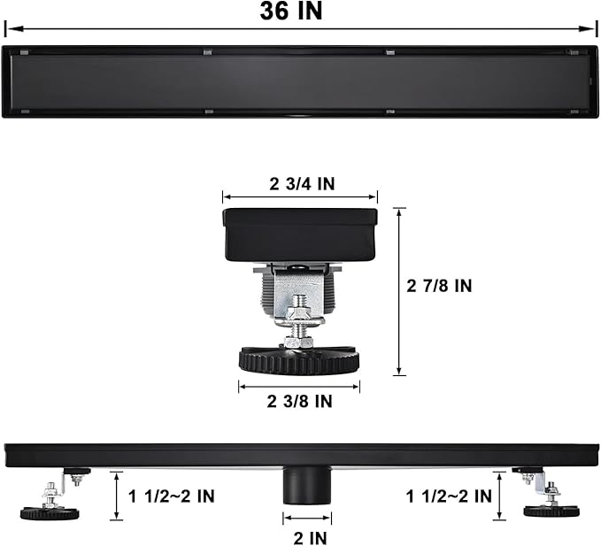 Linear Shower Floor Drain, Black 36 Inch 304 Stainless Steel Bathroom Drains Kit, Rectangular Shower Trench Drain with Reversable Tile-in Pattern Drain Cover & Hair Catcher
