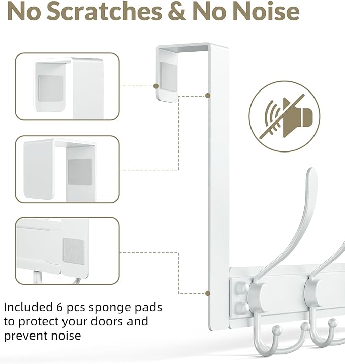 Over The Door Hooks Rustproof - 25lb Heavy Duty Over The Door Towel Rack, Door Hanger for Bathroom, Coat Rack Dorm Room Essentials (2Pack, White)