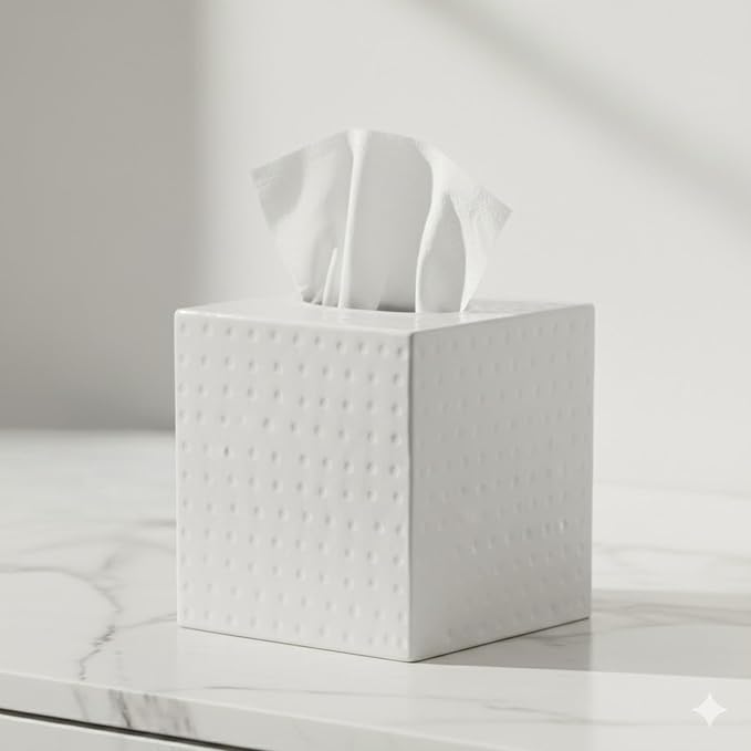 Monarch Abode Tissue Box Cover Square – Hand Hammered White Metal Tissue Holder Box for Bathroom Accessory, Aesthetic Decorative Facial Napkin Cube for Modern Home Decor