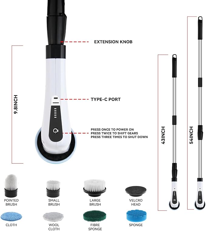Electric Spin Scrubber Cordless Handheld Adjustable Smart Low Noise Power Shower Cleaning Brush 25W for Bathroom Tile Floor Car