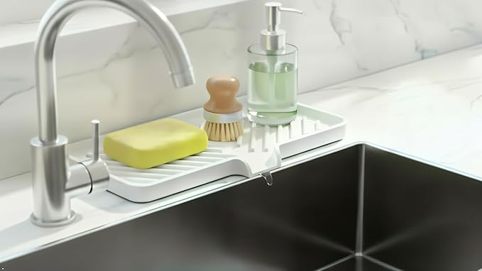 Happitasa Silicone Soap Dish Tray and Sponge Holder with Drain Chute and Feet | 3-Way Sloped Design | Bathroom and Kitchen Sink Organizer Caddy (Grey, 10"x4")