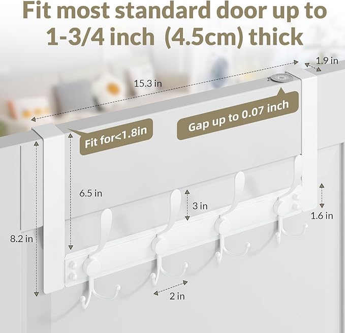Heavy Duty Over The Door Hooks Rustproof - 25lb Over The Door Towel Rack, Over The Door Towel Hook, Door Hanger for Bathroom, Coat Rack Dorm Room Essentials (1Pack, White)