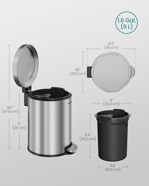 SONGMICS Bathroom Trash Can, 1.6 Gallon (6 L) Small Toilet Garbage Bin with Lid, Soft-Close, Stainless Steel, Pedal, Inner Bucket, Bedroom, Metallic Silver ULTB016EZ01