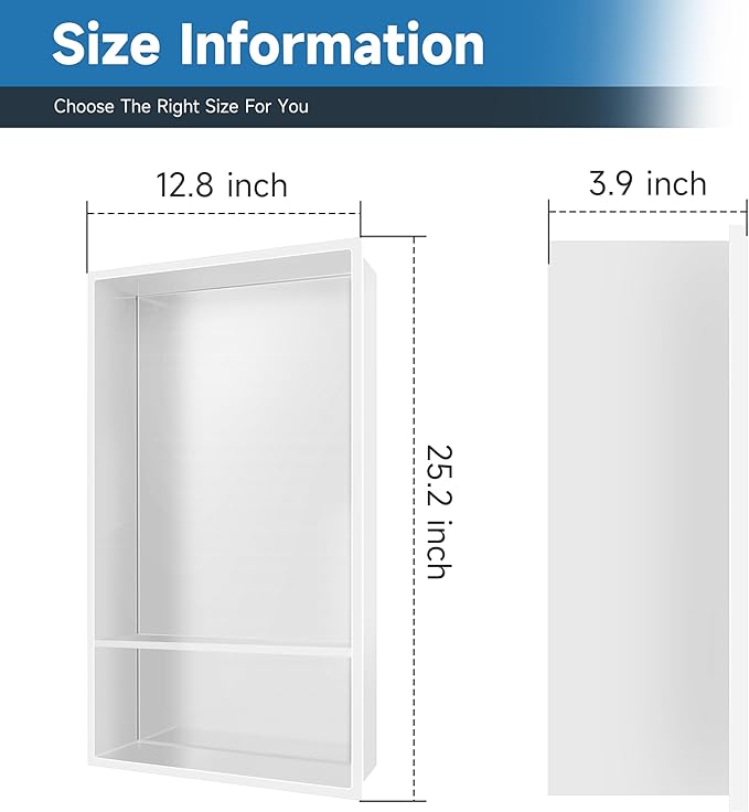 Shower Niche 13" X 25" White, Stainless Steel Wall Niche Double Shelves Recessed Shower Shelf for Bathroom Storage, No Tile Needed Over Mount Installation