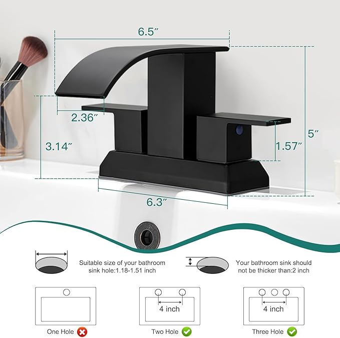 Hoimpro 3 Holes 4 Inch Bathroom Faucet,4" Centerset Vanity Waterfall Bathroom Sink Faucet 2 Hole Two Handles cUPC Supply Hoses Pop Up Drain Matte Black