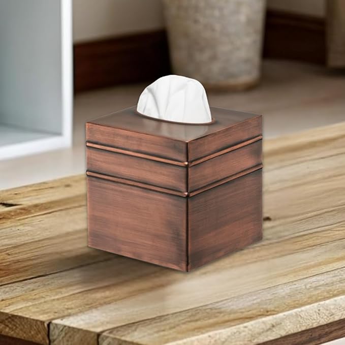 Monarch Abode Tissue Box Cover Square – Handcrafted Border Embossed Antique Copper Metal Tissue Holder Box for Bathroom Accessory, Aesthetic Decorative Facial Napkin Cube for Modern Home Decor