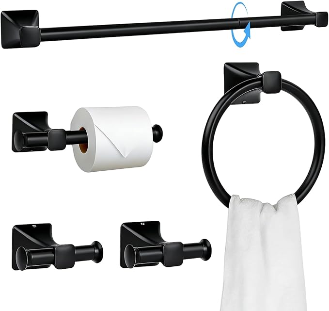 5 Piece Bathroom Hardware Accessories Set, SUS304 Stainless Steel Bath Towel Bar Set, 24 Inch Towel Racks for Bathroom Wall Mounted, Bath Towel Holder Set, Matte Black