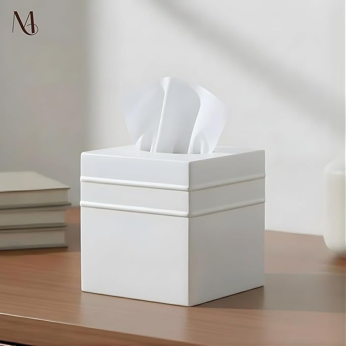 Monarch Abode Tissue Box Cover Square – Handcrafted Border Embossed White Metal Tissue Holder Box for Bathroom Accessory, Aesthetic Decorative Facial Napkin Cube for Modern Home Decor