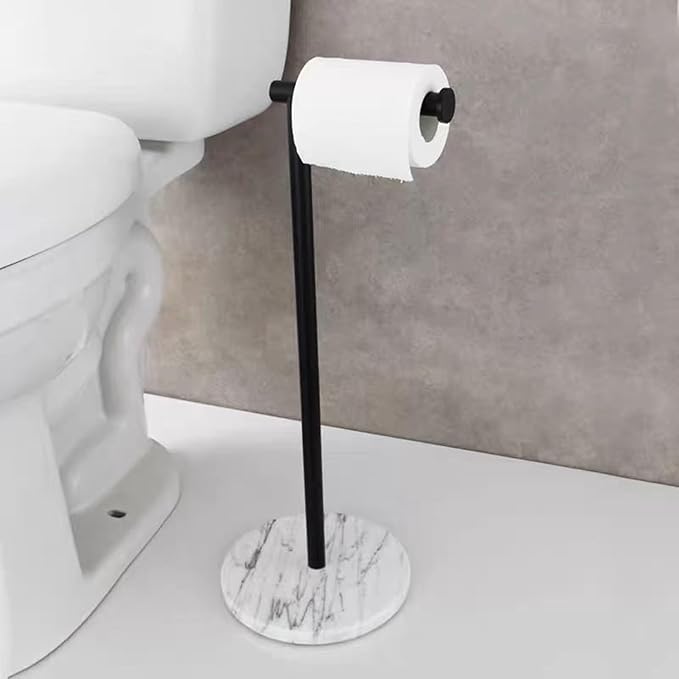 Toilet Paper Holder Stand with Weighted Natural Marble Base, Bathroom Free Standing Toilet Paper Roll Holder with Reserve, Standing Toilet Tissue Holder with Storage (Black, Basic Model)
