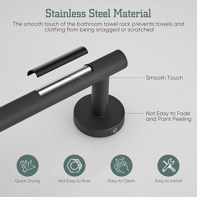 16 Inch Towel Bar, Towel Rack for Bathroom, Stainless Steel Wall Mounted Towel Holder Modern Home Decor Bathroom Accessories, Matte Black