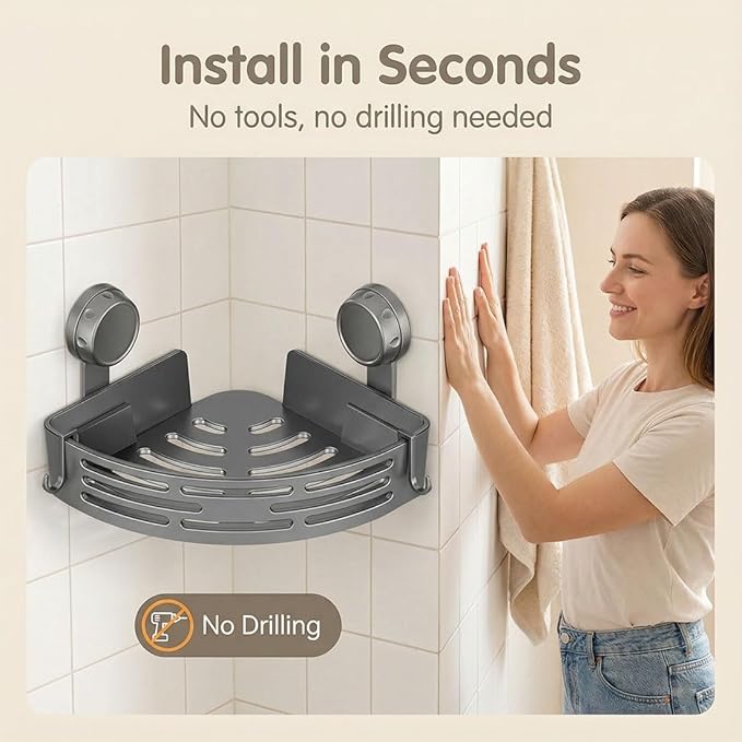 No-Drill Bathroom Corner Shelf, 3 Tier Corner Shelf Bathroom, Suction Cup Corner Shower Shelf, Wall Mounted Storage Rack for Bathroom & Kitchen (2PCS-Black)