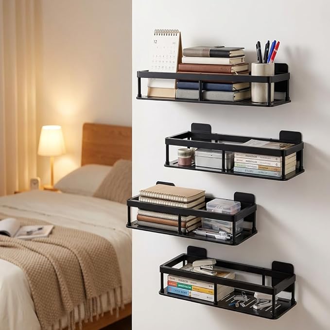 2pc Wall Mounted Floating Shelf, Detachable Storage Rack,No Drill Shelves for Wall,Floating Shelves Damage-Free Expand Walls Space for Living Room Kitchen Bathroom (2, Black)