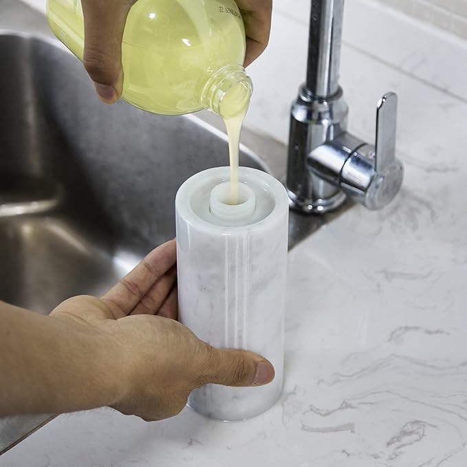 Luxurious White Marble Soap Pump Dispenser for Countertop, Bathroom & Kitchen, Hand or Dish Liquid Soap/Lotion 304 Steel Pump Bottle, Italy Carrara, Vanity