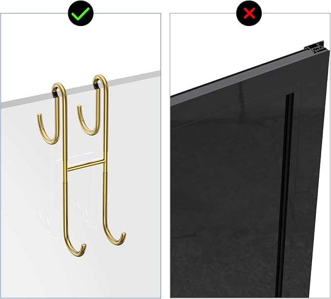 Over Shower Glass Door Hook, 2 Pack Gold Stainless Steel Extended Shower Door Hooks, Bathroom Frameless Drilling-Free Hanger, Double Side Towel Hooks