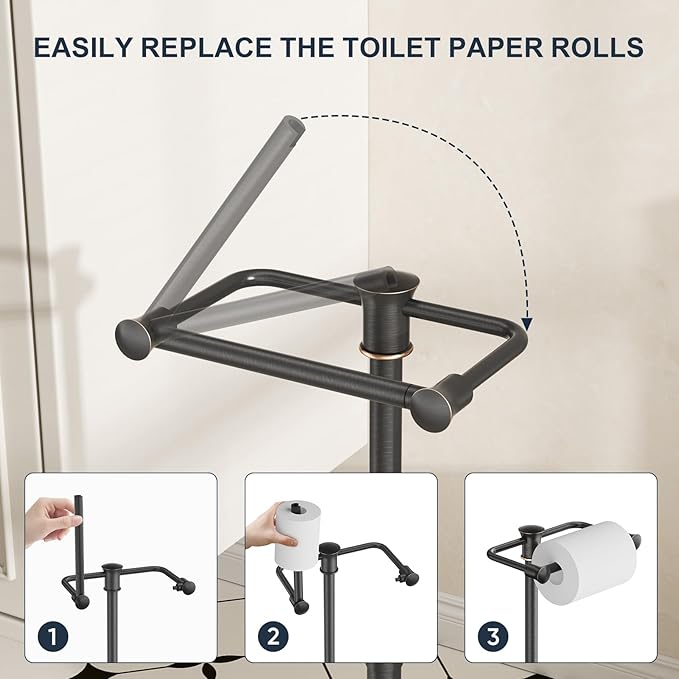 Bathroom Toilet Paper Holder Stand, Oil Rubbed Bronze Toilet Paper Holder Free Standing, Stainless Steel Pivoting Toilet Tissue Roll Holder，Adjustable Height (14 to 24 Inch) Paper Holder