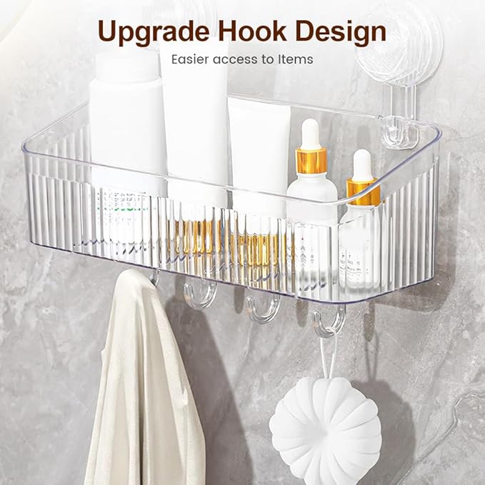 Fliwos No-Drill Bathroom Suction Storage Box, No-Drill Bathroom Shelf, Shower Caddy with Suction Cups, Wall Mount Organizer, Removable Hanging Storage Basket for Home (Transparent, Medium)