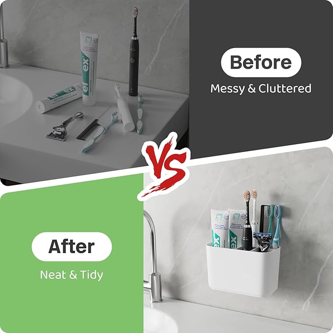 Toothbrush Holder for Bathroom Countertop and Wall with Adhesive, 5 Slots Family Size Electric Tooth Brush and Paste Holder, Kids Tooth Rush Holders and Toothpaste Organizer - White