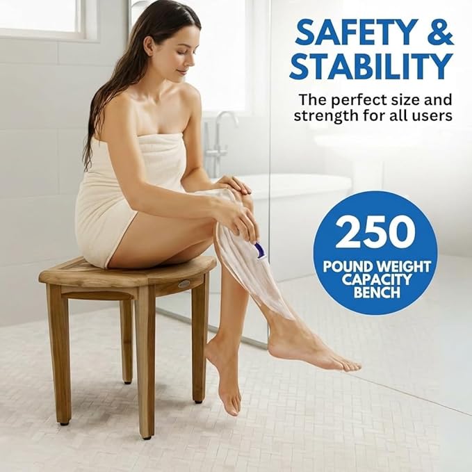 EcoDecors SnazzyCorner Waterproof Teak Wood Shower Bench Stool Seat Chair For Inside Shower Provides Safety, Storage, and Organization For Bathroom Accessories