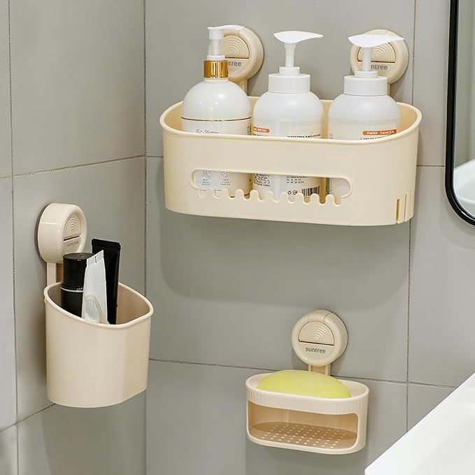 suntree Shower Caddy with Strong Suction Cups, No Drill Bathroom Shelf Organizer, Removable Soap Holder & Toothbrush Holder, Waterproof Storage with Drainage Design, Cream White