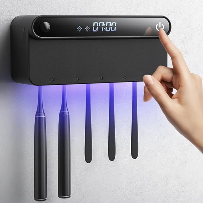 Toothbrush Holders with Auto Drying Function Wall Mounted Tooth Brush Holder for Kids Adults Elders Family Use (Black)