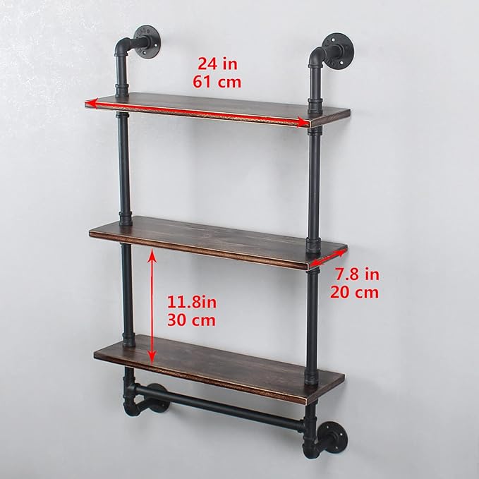 MBQQ Iron Pipe Shelves Industrial Bathroom Shelves with Towel bar,24in Rustic Metal Pipe Floating Shelves Pipe Wall Shelf,3 Tier Industrial Shelf Wall Mounted,Retro Black