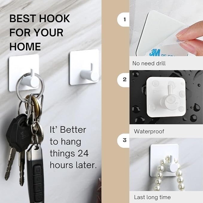 Miliocry 6 Packs Bathroom Towel Hooks, Adhesive Hooks Heavy Duty Wall Hook, Waterproof Stainless Steel Towel Hanger Robe Hat Coat Holder, Wall Mount Hooks for Bathroom,Bedroom,Kitchen(White-Square)