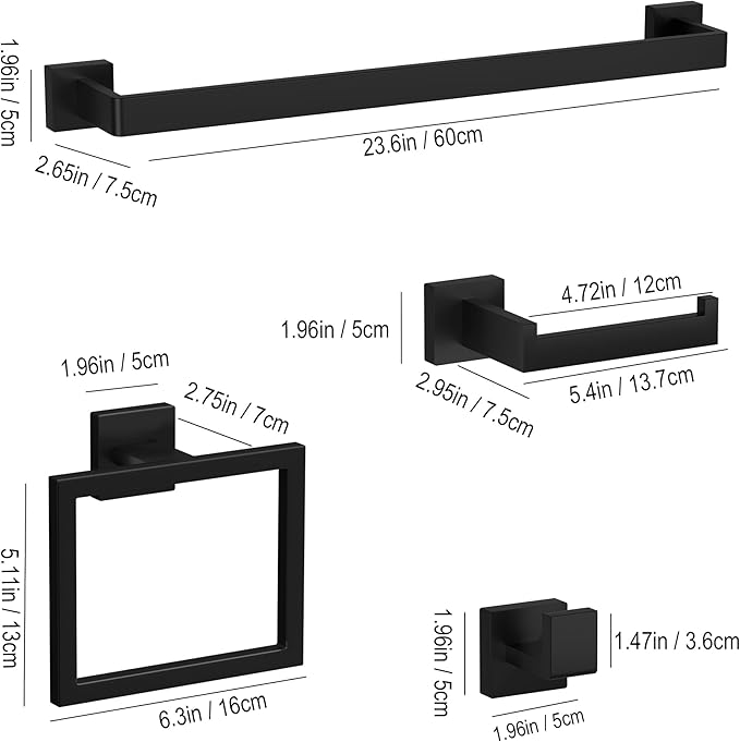 5-Pieces Matte Black Bathroom Accessories Set, 23.6 Inch Bath Towel Bar Set, SUS 304 Stainless Steel Bathroom Hardware Set, Towel Racks for Bathroom Wall Mounted.