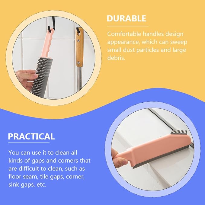 Multi-Function Crevice Cleaning Brush for Countertops and Floors, Plastic Household Scrubber Brush with Water Scraper, Pink, Suitable for Bathroom and Kitchen Cleaning