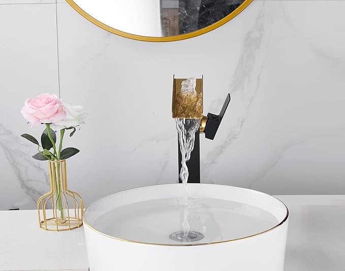 Bathroom Vessel Sink Faucet Black Gold Tall Spout Brass Waterfall Single Handle One Hole Bathroom Faucets Vanity Lavatory Bowl Sink Commercial Basin Water Supply Line Above Counter