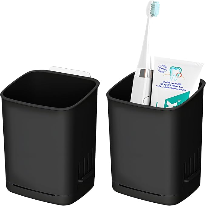2 Packs Wall Mounted Toothbrush Holders, Self Adhesive Bathroom Toothbrush Wall Holder for Electric Toothbrush, Toothpaste, Razor,Shower Item (Black