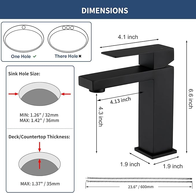 Black Bathroom Faucets One Hole Sink Faucet Single Handle 1 Hole Vanity SUS304 Stainless Steel Faucet for Bathroom Sink Matte Black Bathroom Faucet, SF3-BK