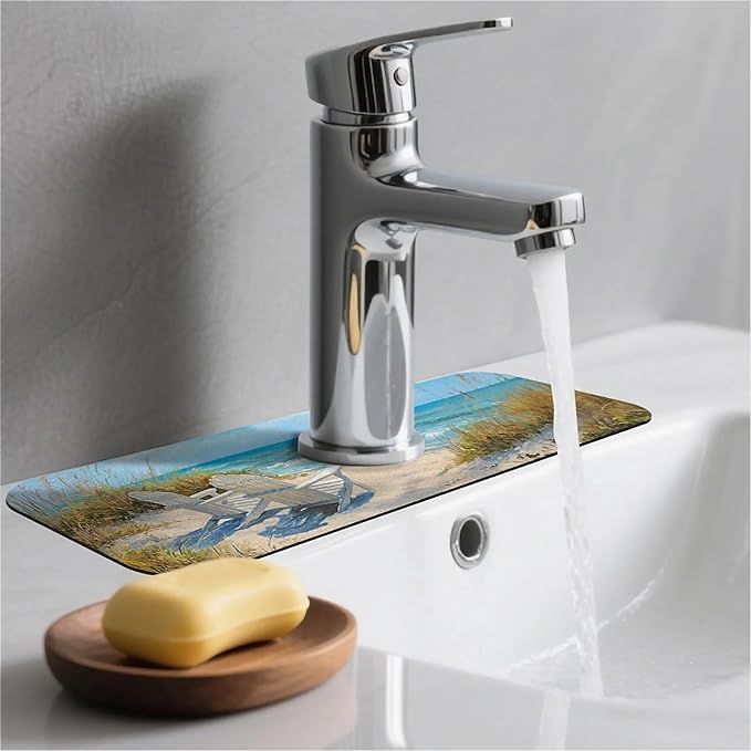 Kitchen Sink Splash Guard，Beach-scene Faucet Mat Sink Gadgets-Super Absorbent Fast Drying Mat Drip Catcher for Kitchen, Bathroom,Sink Mat, Dish Drying Mat, Bathroom(15" X 5.5" )