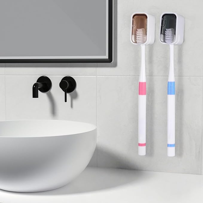 4 PCS Toothbrush Holder Wall Mounted with Cover, Electric Toothbrush Holders for Bathroom (Single-Slot Design), Moisture-Proof and Dust-Proof Organizer for Home and Travel Use(Gray,Brown)