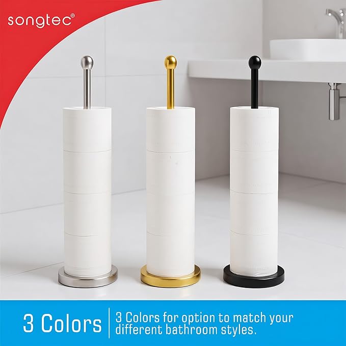Songtec Toilet Paper Holder Stand with Reserve, Floor Standing Tisse Roll Holder for 4 Rolls, Compact Design Bathroom Toilet Paper Storage - Brushed Nickel
