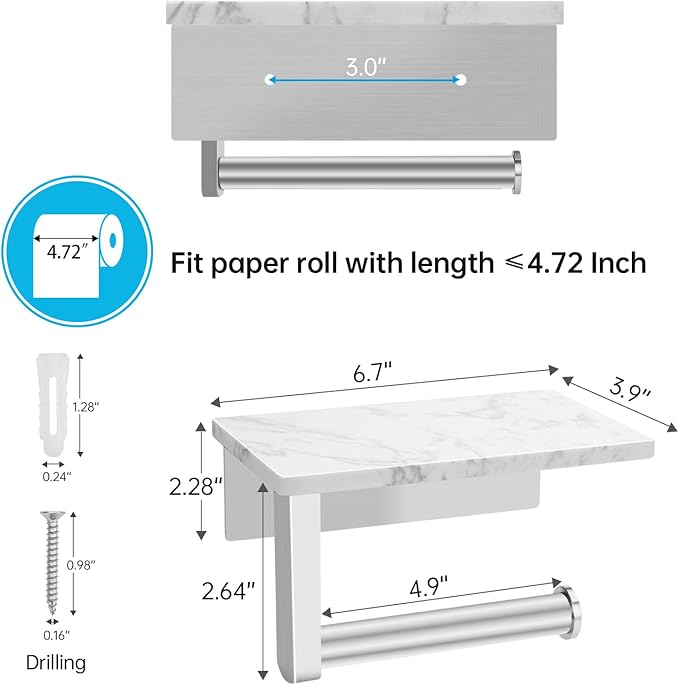 Toilet Paper Holder with Marble Shelf, SUS304 Stainless Steel Wall Mounted Toilet Paper Holder and 2 PCS Free Adhesive Hooks for Bathroom Washroom