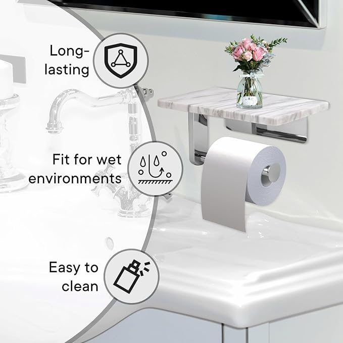 Toilet Paper Holder with Natural Marble Shelf for Bathroom Washroom,Wall Mounted Tissue Holder Suitable for Mega Roll (Brushed Nickel, Middle 7.87 * 4.72 in)