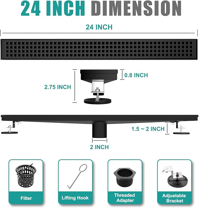 Linear Shower Drain 24 Inch Black with Removable Quadrato Grate Cover, Rectangular Floor Drain 304 Stainless Steel Matte Black Linear Drains Include Accessories, CUPC Certified