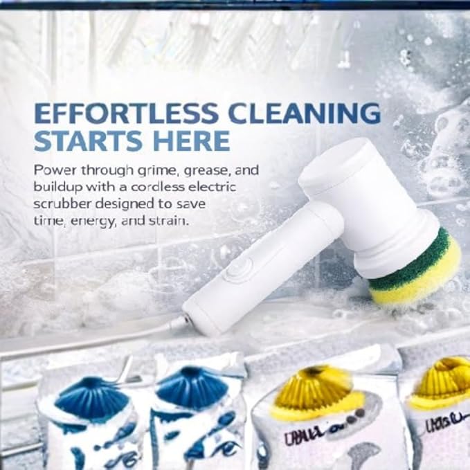 USB Rechargeable 5 in 1 Magic Electric Cleaning Brush - Spin Scrubber for Cleaning with 5 Interchangeable Heads, Electric Scrub Brush for Kitchen, Bath, Multi-Surface Use, Ergonomic Design