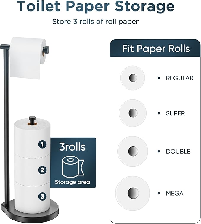 theaoo Heavy-Duty Toilet Paper Holder Stand – Modern Freestanding Bathroom Toilet Tissue Paper Roll Holder with Reserve & Storage, Stainless Steel (Black, Free Standing)