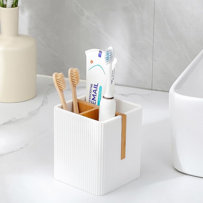 rejomiik Toothbrush Holders for Bathrooms Countertop, 3 Slots Electric Tooth Brushing and Toothpaste Storage Organizer Stand for Toiletries and Beauty Accessories, White