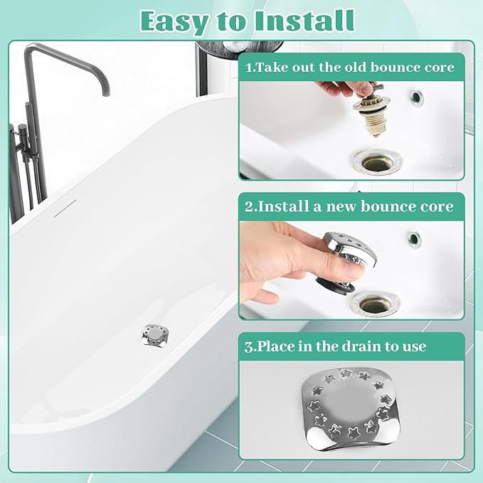 Bathtub Drain Hair Catcher Push Stopper,Stainless Steel Tub Drain Protector,Suitable for US Standard 1in-1.5in Diameter of Drain Hole (Silver)
