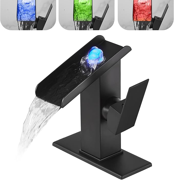 Bathroom Sink Led Faucet Waterfall Spout Black RGB 3 Colors Changing Temperature Lavatory Vanity Sink Faucet One Hole Handle Modern Washbasin Tap with Lights Deck Mount Commercial