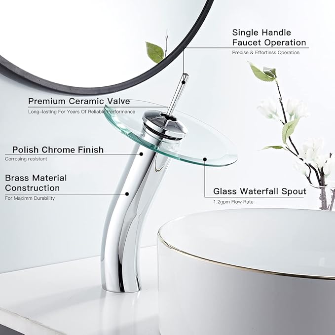 Bathroom Vessel Faucet Chrome Waterfall Glass Spout Single Handle One Hole Bowl Sink Faucet Tall Body Vanity Lavatory Basin Mixer Tap with Supply Hose Deck Mount Commercial