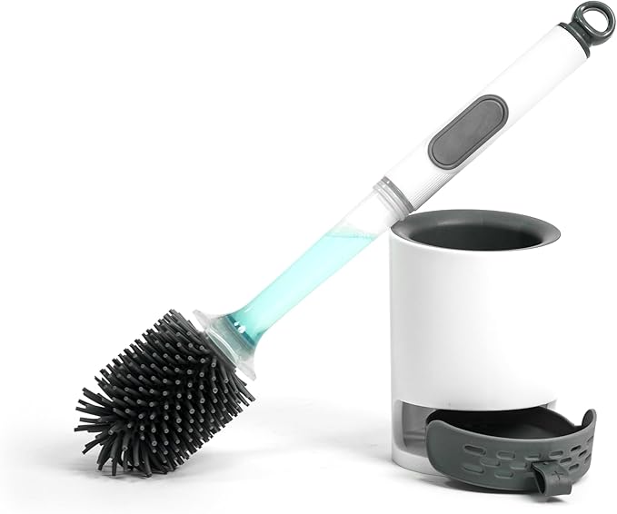 Silicone Toilet Brush and Holder Set, 1 Pack Bendable Toilet Scrubber for Curved Rim, Non-Scratch Drip-Resistant Brush with Sprayer, Space Saving Bathroom Essentials (1)