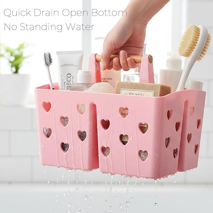 Pink Portable Shower Caddy with Handle, Large Plastic Shower Basket Organizer for College Dorm Room Essentials, Bathroom, Gym, Camping, Non-Slip Drainage Design for Toiletries & Cleaning Supplies