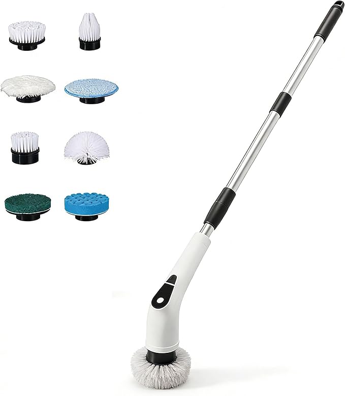Multi-Functional Electric Rotary Cleaning Brush, with 8 Cleaning Brushes and 5 Speed Settings, Adjustable Long and Short Handles, Electric Scrubber for Bathroom bathtubs, Tiles and Floors (White)