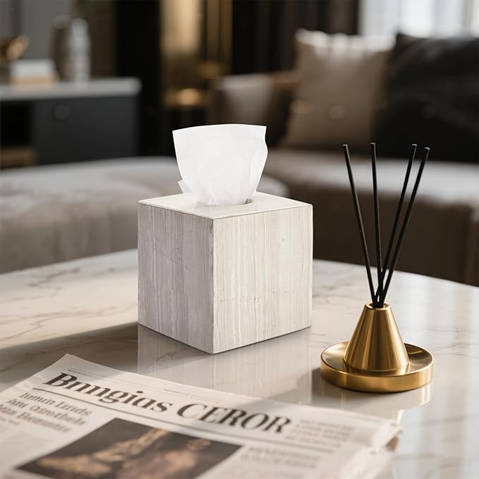 Natural Marble Tissue Box Holder Cover, Square Cube Tissue Box Holder with Open Bottom for Bathroom Vanity Tops, Bedroom Dressers, Kitchen Countertop, Gray Wood Grain (NS035)