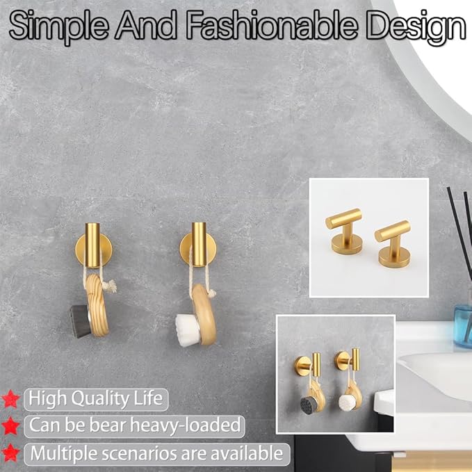 GERZWY SUS 304 Stainless Steel Gold Coat Hook Bathroom Single Towel/Robe Clothes Hook for Bath Kitchen Wall Mounted 2 Pack AG1107B-BE