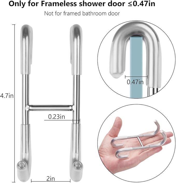 NINETREX Shower Door Hooks,Towel Hooks for Bathrooms Frameless Glass Door,Heavy Duty SUS 304 Stainless Steel Hook for Towels,Squeegee,Loofah,Shaver,Robe,2 Pack,Silver