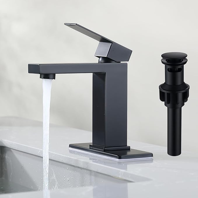 Black Bathroom Faucet Bathroom Sink Faucet SUS304 Stainless Steel for 1 Hole or 3 Holes Sink Single Handle Faucet One Hole with Pop Up Drain with Overflow Modern Vanity Faucets, SF3P-BK